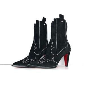 Christian Louboutin Santigag Strass 85 Black Suede Western Style Low Boots 38